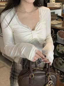 DAZY Women's Lace Patchwork Bow Pleated Solid Color T-Shirt, Autumn/Winter Long Sleeve - Beige - View 10