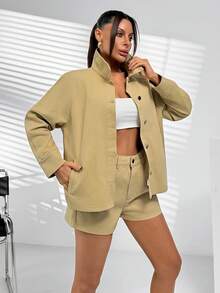 Woman Denim Two Pieces Set Oversize Drop Shoulder Button Front Beige Color Jacket And High Waist Denim Casual Short - Beige - View 4