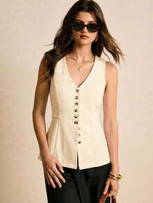 Poéselle 女士休闲V领单排扣无袖背心，纯色，适合日常通勤，夏季 - 米色 - 查看 4