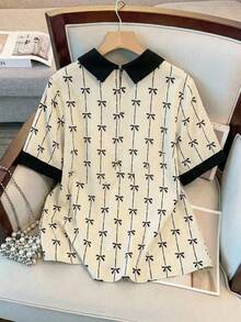 GlowEve CURVE Plus Size Contrast Color Collar Short Sleeve Polka Dot Print Shirt - Apricot - View 2