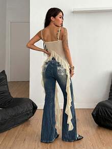 Coolane Women's Apricot Summmer Seductive Party Night Mesh Fairycore Tank Tops,Y2K Music Festival Streetwear Ruffle Fringe Sleeveless Stretchy Long Top - Apricot - View 4