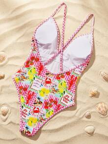 Swim Vcay 女士随机印花V领性感露背连体泳衣，适合海滩度假 - 彩色 - 查看 2