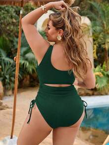SHEIN Navy Blue Plus Size One-Piece Swimsuit With Cover Up Set For Leisure & Holiday - Teal Blue - View 2