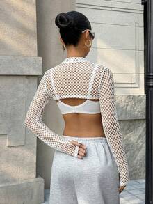 Muchica 纯色透视网眼高领短款紧身上衣 - 白色 - 查看 2