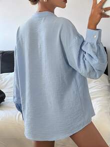 DAZY Blusa amarilla holgada con cuello redondo y plisados para mujer - Celeste - Ver 4
