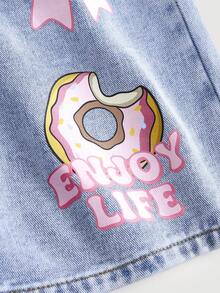 SHEIN Girlism Tween Girls Fashion Casual Y2k Vintage Cool Street Pink Bow-Shaped Doughnut Pattern Blue Loose-Fitting Short Denim Pants Jeans For Kids Clothes Tween Girls Dailywear And Kids Spring To Summer Rave Outfits Festival And Outfits Streetwear Clothes - Blue - View 4