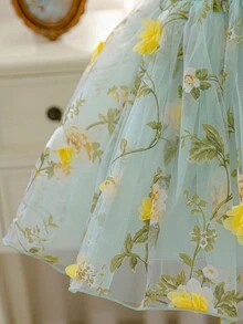 SHEIN Glamorique Kids Đầm công chúa cho bé gái, đầm dự tiệc sinh nhật, đầm cưới, đầm dạ hội, chất liệu satin, không tay, màu xanh lá cây nhạt, chân váy lưới hoa nhiều lớp, kiểu dáng Trung Đông & Châu Âu, nơ sau lưng. - màu xanh lá - Xem 7