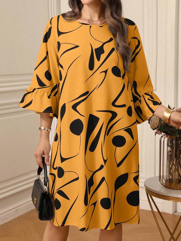 Plus Size Women's Casual Geometric Print Round Neck 3/4 Sleeve Dress, Spring/Summer,Plus Size Women's Summer Casual Vacation Geometric Print Round Neck 3/4 Sleeve Dress, Spring/Summer,Summer Holiday,Spring Break Outfits ,Vacation Outfits Women ,Holiday Outfits For Women,Going Out Outfits,2026 New Clothes,Simple And Fashionable For Everyday Wear,Suitable For Summer, Vacation, Commute, Daily Wear, Print Dresses For Women, Elegant Dress,Yellow Dress,Gifts For Mother