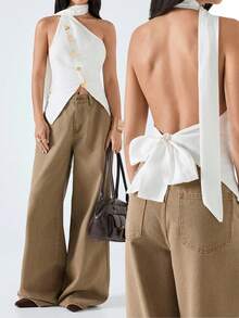 LYSMO 2026 New Arrive Minimalism Spring/Summer Women's Metal Button Neck Wrap Cape Backless Asymmetrical Top - Spring/Summer 2026 New Arrival - White - View 3