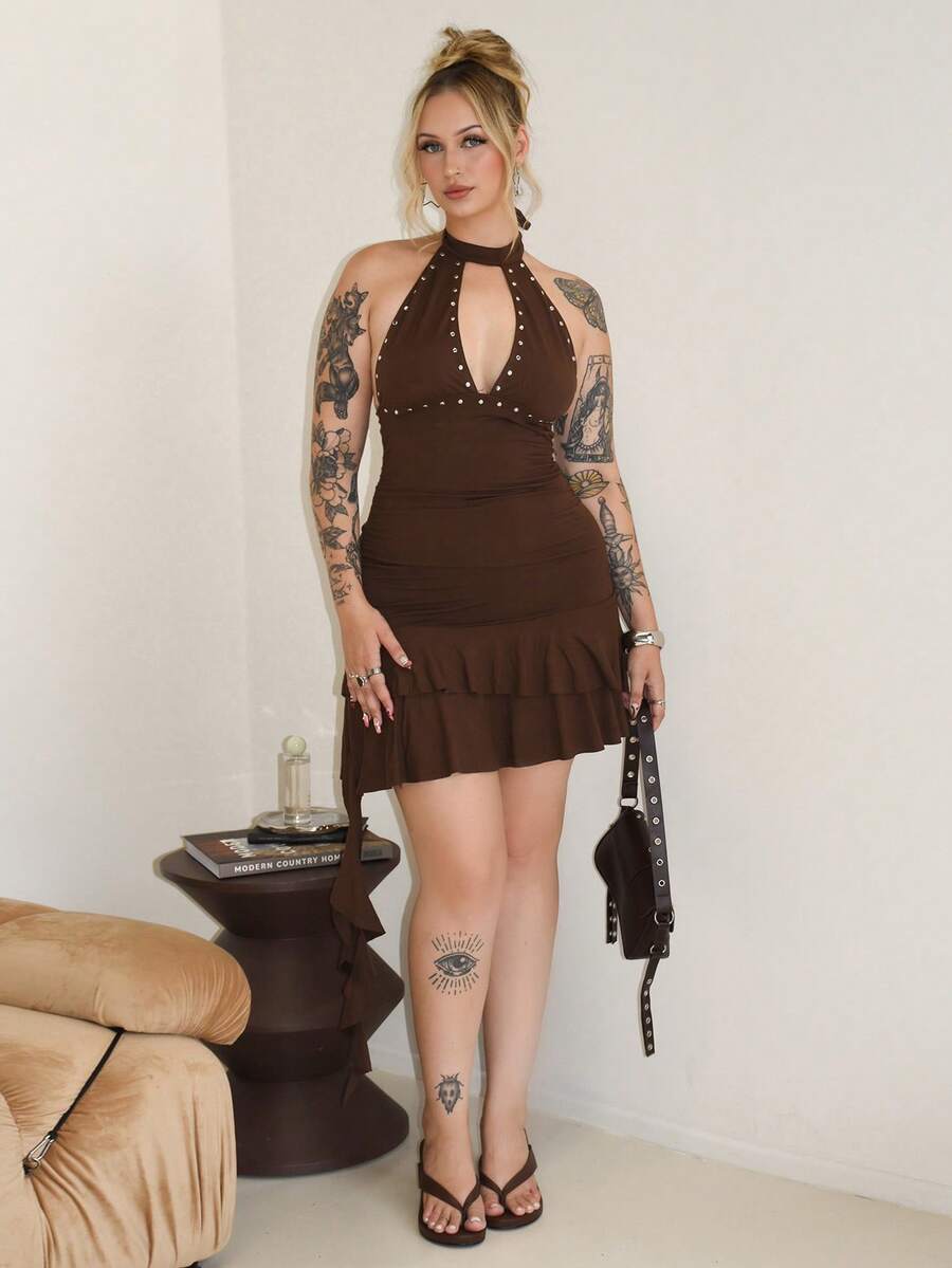 Arliah Women's Winter Streetwear Casual  Music Festival Party Hippie Vintage Y2K Punk Rivet Brown Western Wear Slim Fit Halter Mini Dress - Brown - View 1