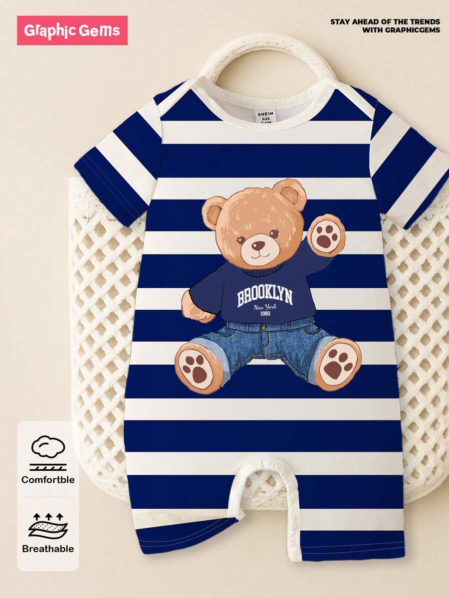 SHEIN Playful Pals Bộ áo liền quần tay ngắn in hình gấu sọc dễ thương cho bé trai, thích hợp cho kỳ nghỉ xuân/hè. - Nhiều màu - Xem 1