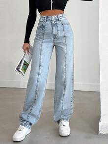 SHEIN Ljustvättade raka jeans med sömdetaljer fram, Komfort, Jeans, Denimbyxor - Ljustvätt - Visa 5