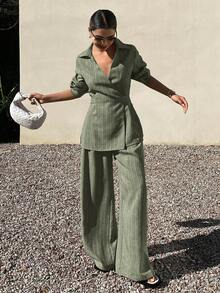 Livesso Bộ đồ công sở mùa xuân hè dáng rộng, thoải mái, phong cách nghỉ dưỡng, thời trang công sở. Áo sơ mi kẻ sọc thắt eo, cổ chữ V và quần ống rộng dáng casual dành cho nữ. - Màu xanh Ô liu - Xem 2