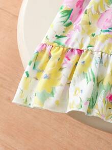 SHEIN Elladie kids 少女夏季碎花圆领喇叭袖露背蝴蝶结腰带荷叶边下摆休闲优雅连衣裙，适合休闲、度假、旅行、田园风格 - 彩色 - 查看 10