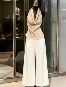 Ellegaria. 女士时尚缎面亮面垂褶露背蝴蝶结系带吊带背心，流畅垂褶优雅小众设计奢华无袖上衣 - 香檳色 - 查看 3