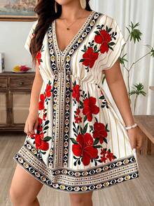 Weeklong Plus Size Elegant Floral Print V-Neck Batwing Sleeve Bohemian Maxi Dress, Summer - Multicolor - View 6