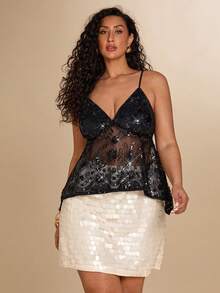 SHEIN BAE Áo hai dây xuyên thấu gợi cảm, đính sequin, kiểu dáng rộng rãi dành cho nữ, thích hợp cho buổi hẹn hò. - màu đen - Xem 6