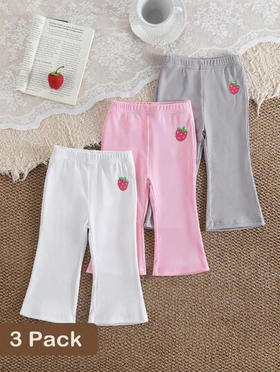 SHEIN 3pcs/Set Baby/Baby GirlSolid Color Knit Flare Pants, Elastic Waist Casual Everyday Leggings With Cute Heart Print Accent, Suitable For Spring/Summer/Autumn