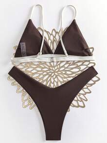Swim Mod Set Pakaian Renang Wanita Musim Panas Motif Patchwork Model Halter Tie Bikini Seksi dan Celana Dalam Segitiga - MultiWarna - View 3