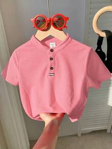 SHEIN Little Byeori 儿童/青少年男童休闲百搭舒适立领半拉链宽松套头短袖纯色针织polo衫，适合通勤、上学、日常休闲、度假、运动、春夏穿着。 - 粉色 - 查看 4