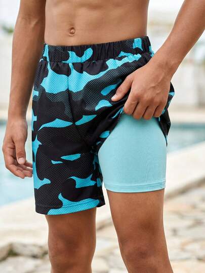 SHEIN Tween Boy's Casual Camouflage Print Loose Weave Lining Color Block Tight-Knit Beach Shorts, Swimsuit,Kids