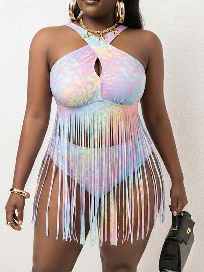 Slaydiva Bộ đồ bơi Tankini cỡ lớn với họa tiết da báo nhiều màu sắc và tua rua (áo và quần)