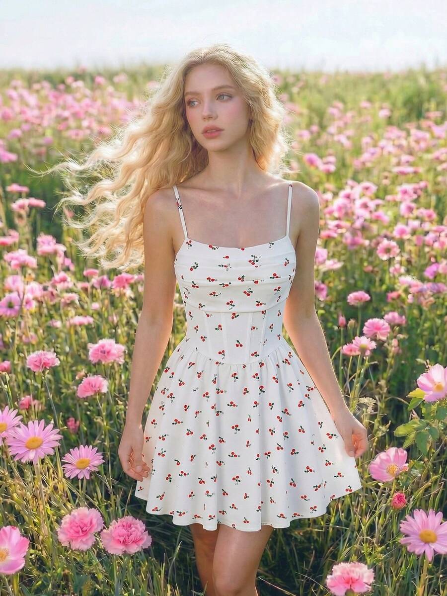 SHEIN MOD Áo hai dây xếp ly màu trắng, kiểu corset, thích hợp cho mùa hè. - Đỏ và trắng - Xem 1
