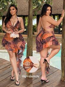 NU&NOW Vestido mini de talla grande con estampado animal, cuello halter y abertura, alta elasticidad, volantes, dobladillo asimétrico alto-bajo, lazo en la espalda, atuendo para fiesta en la playa, ropa de calle para vacaciones - Multicolor - Ver 1