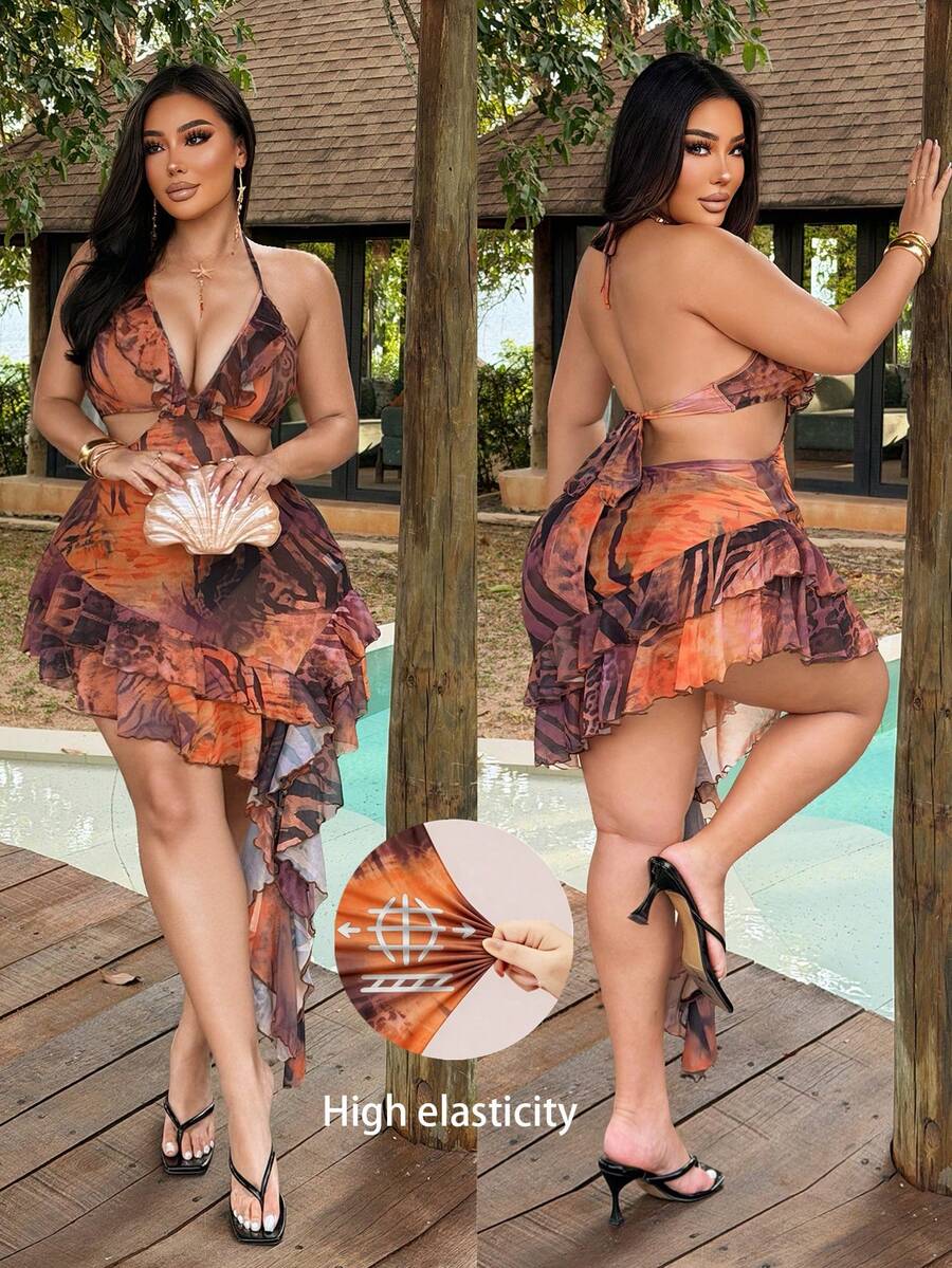 NU&NOW Vestido mini de talla grande con estampado animal, cuello halter y abertura, alta elasticidad, volantes, dobladillo asimétrico alto-bajo, lazo en la espalda, atuendo para fiesta en la playa, ropa de calle para vacaciones - Multicolor - Ver 1