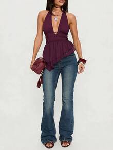 SHEIN BAE 女士茄紫色褶皱露背吊带背心，适合春夏度假、派对、夜店、海滩等场合，性感百搭，褶皱设计 - 中紫紅色 - 查看 3