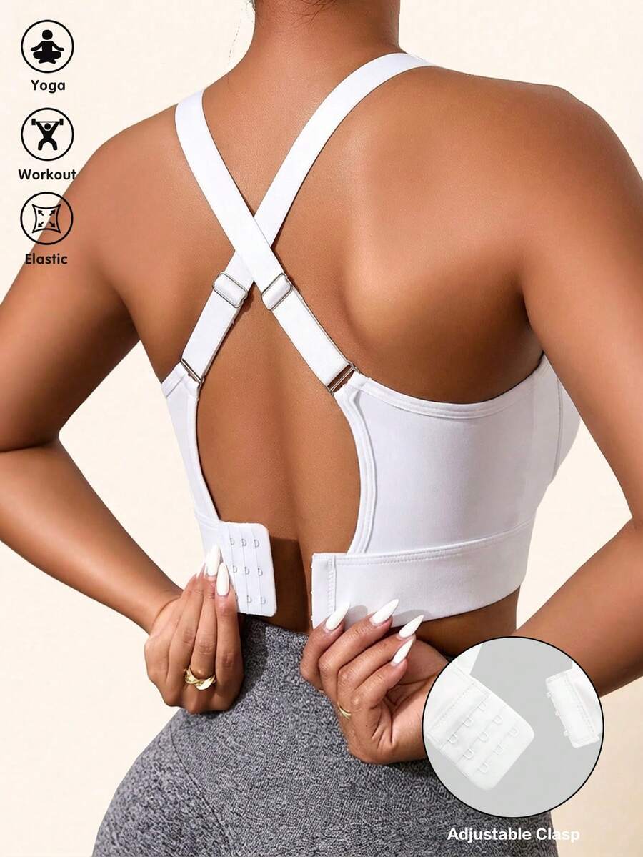 Dewbera Women's Solid Color Criss-Cross Hollow Mesh Patchwork Sports Bra Underwear - White - View 1