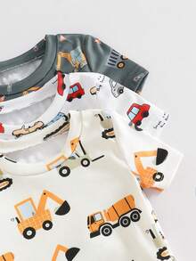 Conjunto de 6 piezas de pijama de punto ajustado con estampado de vehículos de construcción de manga corta y pantalones cortos para niños pequeños - Multicolor - Ver 3