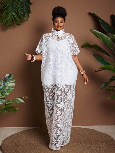 Maweii Plus Size Women's White Floral Embroidery Sheer Turndown Collar Loose Vacation Style Dress