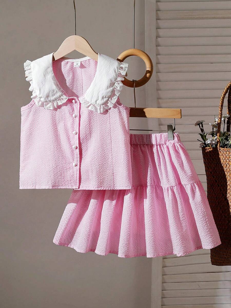 Genkimix Kids Conjunto de 2 piezas de blusa sin mangas a rayas y falda de línea A elegante para niñas preadolescentes, adecuado para uso diario, casual y de viaje, verano - Rosa - Ver 1