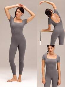GLOWMODE 24" FeatherFit™ Tummy Control U-Back Square Neck Jumpsuit Low Impact Yoga Daily Removable Cups - Volcanic Gray - View 8