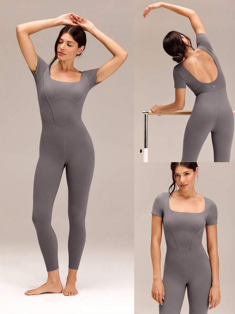 24" FeatherFit™ Tummy Control U-Back Square Neck Jumpsuit Low Impact Yoga Daily Removable Cups