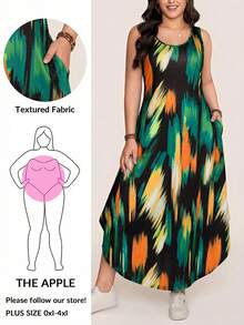 Comfylo 大码女装夏季无袖圆领抽象印花长款休闲度假波西米亚风连衣裙万圣节服装女装冬季女装复古风连衣裙 - 彩色 - 查看 1