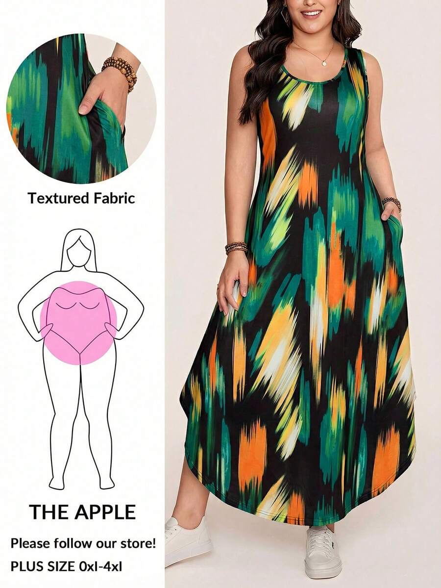 Comfylo 大码女装夏季无袖圆领抽象印花长款休闲度假波西米亚风连衣裙万圣节服装女装冬季女装复古风连衣裙 - 彩色 - 查看 1