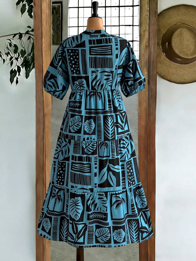 Plus Size Summer Vacation Allover Print Keyhole Neck Petal Sleeve Dress