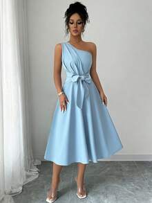 Elenzga 不对称肩部蝴蝶结腰带口袋连衣裙 - 灰藍色 - 查看 3