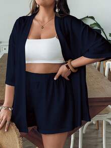 SHEIN VCAY Casual Minimalist Vintage Leaf Pattern Loose Plus Size 2 Pieces Set, Suitable For Summer - Navy Blue - View 3