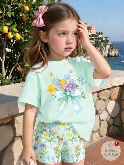 SHEIN Bộ 2 món phong cách đồng quê ngọt ngào thường ngày cho bé gái, thiết kế phổ biến, áo thun ngắn tay + quần short bó sát, họa tiết hoa và bướm nhiều màu sắc + quần short bó sát in hình hươu xanh, phù hợp cho bé gái 4-7 tuổi vào mùa xuân/hè. Áo thun in hoa và nơ xanh lá cây không chỉ dễ mặc mà còn mềm mại và thân thiện với da, giúp bé nổi bật trong mùa xuân/hè.