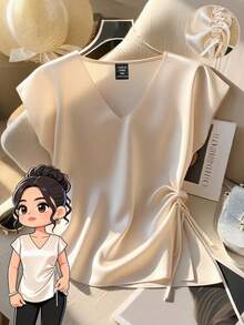 GlowEve CURVE 大码女式缎面V领褶饰收腰系带短袖衬衫 - 杏色 - 查看 1