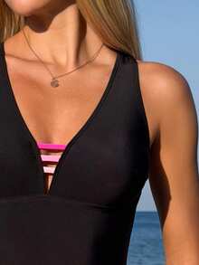 Swim SPRTY Áo tắm liền thân màu đen trơn gợi cảm, hở lưng, cắt cao dành cho nữ, thích hợp cho kỳ nghỉ biển. - màu đen - Xem 11