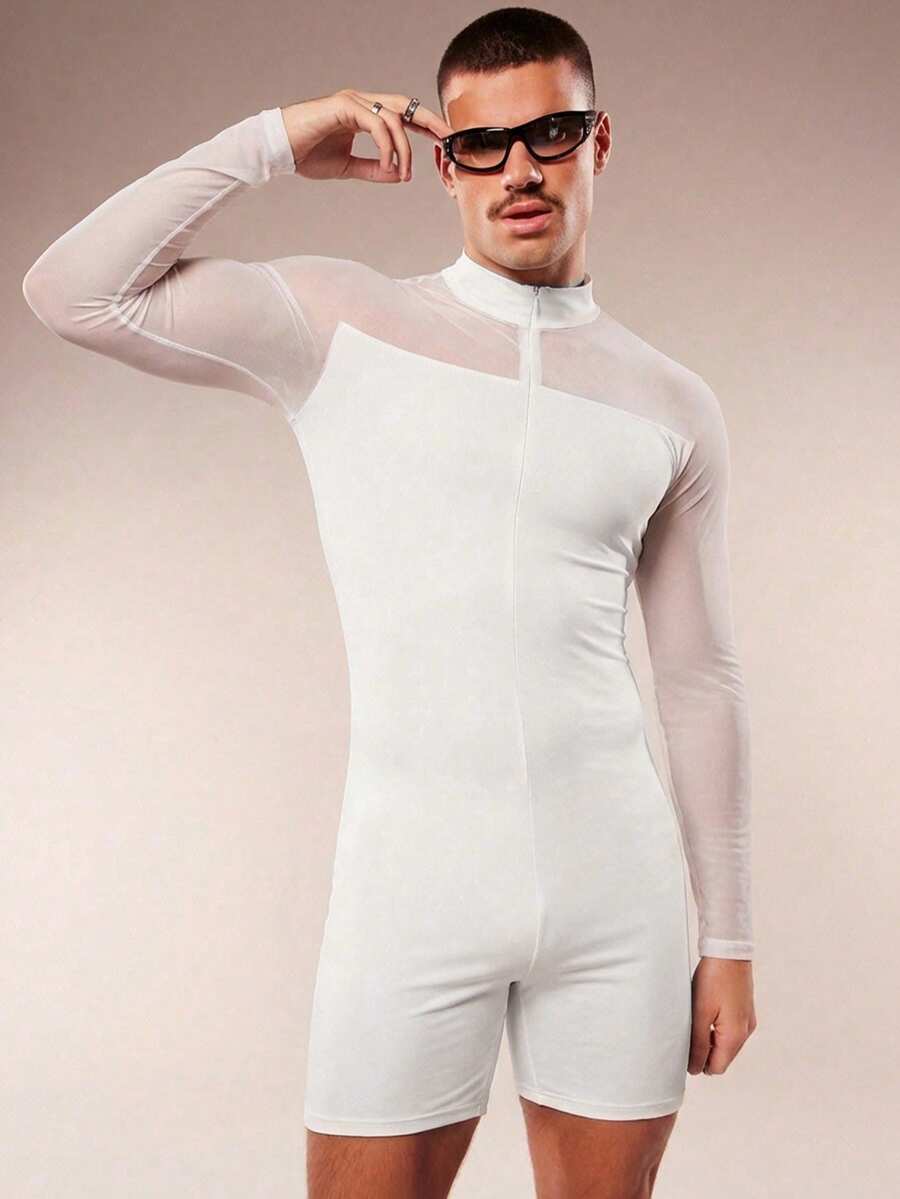 FeverCity 男士时尚性感网纱拼接拉链连体裤 - 白色 - 查看 1