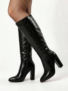 ROMWE Goth 2025 年秋冬搭配夹克，肯德尔风格修身方头高筒粗跟弹力马靴，适合女士，适合搭配开衫时尚毛衣、黑色靴子 - 黑色 - 查看 3