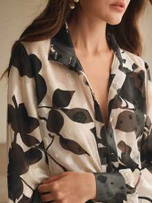 Anewsta Áo sơ mi dài tay họa tiết hoa văn jacquard Pháp dệt kim màu mơ đen dành cho nữ, thanh lịch, giản dị, nghỉ dưỡng, mùa xuân - màu đen - Xem 3