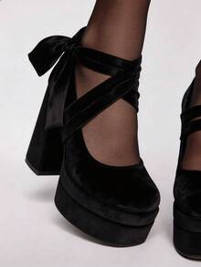 ROMWE Kawaii Women's Thick Sole Lace-Up Design High Heel Shoes, Suitable For Party Occasions,Platform Heels For Women - Black - View 4