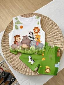 SHEIN Playful Pals Bộ quần áo 2 món cho bé trai, áo ba lỗ in họa tiết động vật rừng màu xanh lá cây kết hợp với quần short cùng họa tiết, thích hợp cho các chuyến đi chơi mùa hè. - Nhiều màu - Xem 2
