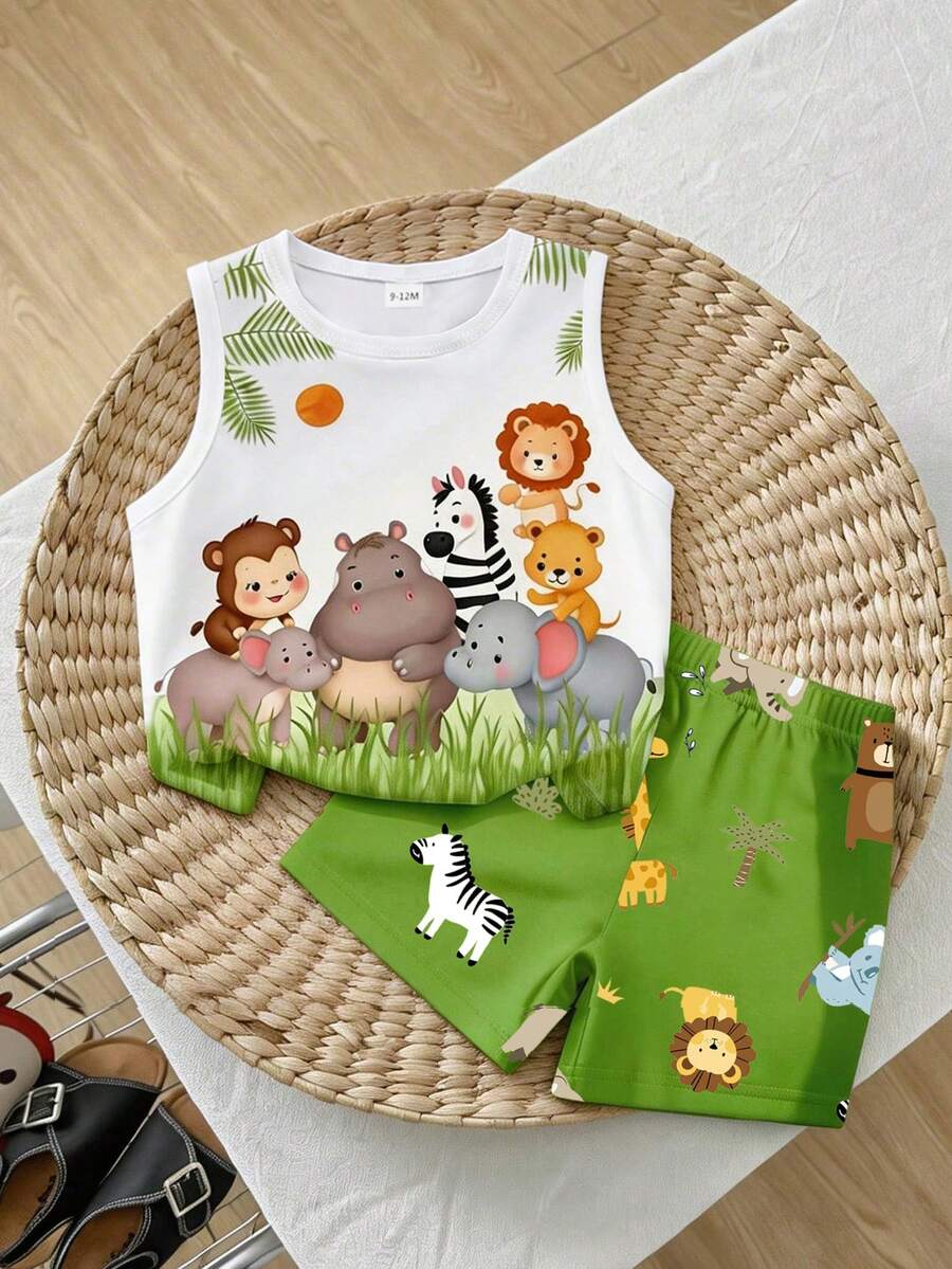 SHEIN Playful Pals Bộ quần áo 2 món cho bé trai, áo ba lỗ in họa tiết động vật rừng màu xanh lá cây kết hợp với quần short cùng họa tiết, thích hợp cho các chuyến đi chơi mùa hè.